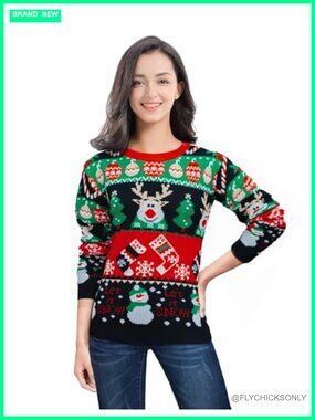 Ugly Christmas Sweater Women Reindeer Funny Merry Xmas Knit Pullover